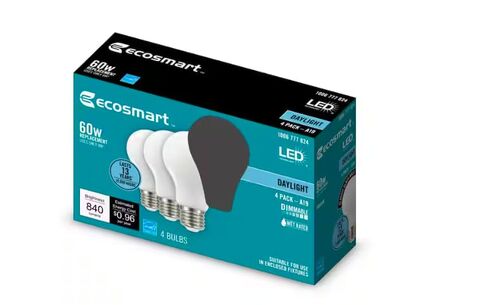 EcoSmart 60 وات مكافئ A19 لمبة إضاءة LED من الزجاج المصنفر قابلة للتعتيم في ضوء النهار (4 عبوات) 11FFA1960WESD03 in Kuwait