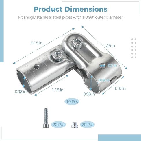 10 قطع من تركيبات الأنابيب المحملة، موصلات أنابيب قابلة للتعديل في اتجاهين، مشابك سياج أنبوبية بمنفذ T، تجهيزات أنابيب معيارية مع مسامير وصواميل ومفتاح ربط، تناسب أنابيب الفولاذ المقاوم للصدأ OD 0.98 بوصة in Kuwait