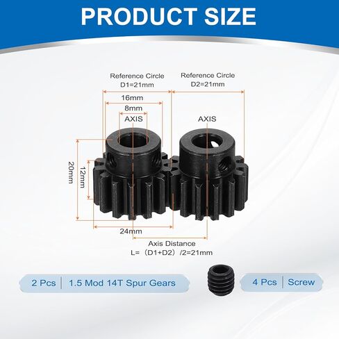 uxcell 2Pcs 1.5 Mod 14T Spur Gear 8mm Bore, 1045 Steel Pinion Gear Black Surface Treatment, 20° Pressure Angle, for Spur Rack and RC Model Car or Motor DIY(16mm) in Saudi Arabia