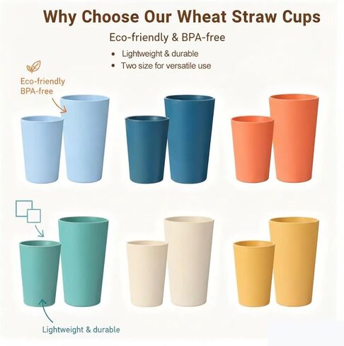12 عبوة من أكواب قش القمح الفاخرة، 6 قطع 20 أونصة و6 قطع 10 أونصة أكواب شرب غير قابلة للكسر، بديل لمجموعات الأكواب البلاستيكية، كوب أكواب مياه قابل لإعادة الاستخدام، آمن للاستخدام في الميكروويف وغسالة الأطباق، خالٍ من البيسفينول أ، 6 ألوان in Kuwait