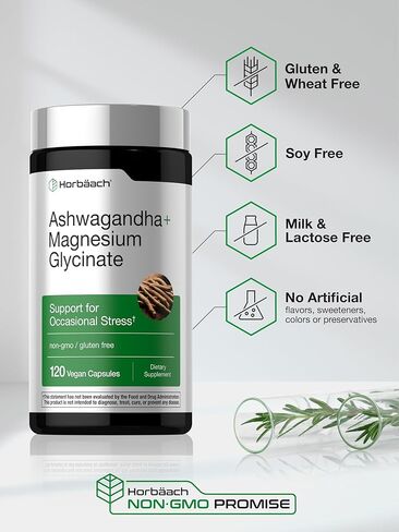 Horbäach Ashwagandha and Magnesium Glycinate | 120 Vegan Capsules | Support Supplement for Stress | Non-GMO, Gluten Free in Saudi Arabia