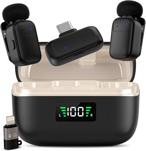 ميكروفون Lavalier لاسلكي صغير لأجهزة iPhone/Android/PC مع قابس USB-C، وتقليل الضوضاء بثلاثة مستويات، وعمر بطارية يصل إلى 30 ساعة مع علبة شحن، وميكروفون مغير الصوت بتقنية الذكاء الاصطناعي، وميكروفونات صغيرة لمدونات الفيديو والبودكاست in Kuwait