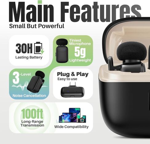 ميكروفون Lavalier لاسلكي صغير لأجهزة iPhone/Android/PC مع قابس USB-C، وتقليل الضوضاء بثلاثة مستويات، وعمر بطارية يصل إلى 30 ساعة مع علبة شحن، وميكروفون مغير الصوت بتقنية الذكاء الاصطناعي، وميكروفونات صغيرة لمدونات الفيديو والبودكاست in Kuwait