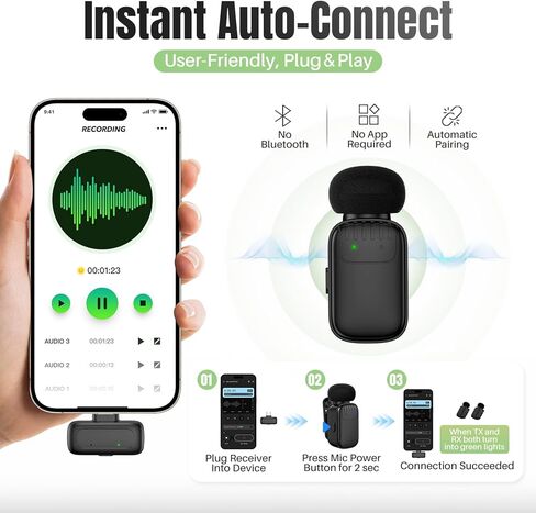 ميكروفون Lavalier لاسلكي صغير لأجهزة iPhone/Android/PC مع قابس USB-C، وتقليل الضوضاء بثلاثة مستويات، وعمر بطارية يصل إلى 30 ساعة مع علبة شحن، وميكروفون مغير الصوت بتقنية الذكاء الاصطناعي، وميكروفونات صغيرة لمدونات الفيديو والبودكاست in Kuwait