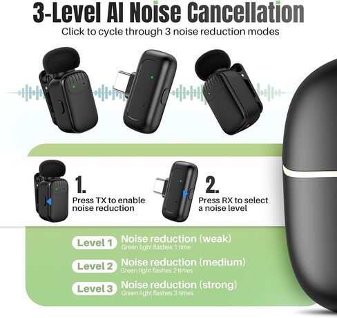 ميكروفون Lavalier لاسلكي صغير لأجهزة iPhone/Android/PC مع قابس USB-C، وتقليل الضوضاء بثلاثة مستويات، وعمر بطارية يصل إلى 30 ساعة مع علبة شحن، وميكروفون مغير الصوت بتقنية الذكاء الاصطناعي، وميكروفونات صغيرة لمدونات الفيديو والبودكاست in Kuwait
