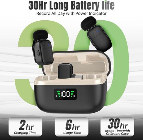 ميكروفون Lavalier لاسلكي صغير لأجهزة iPhone/Android/PC مع قابس USB-C، وتقليل الضوضاء بثلاثة مستويات، وعمر بطارية يصل إلى 30 ساعة مع علبة شحن، وميكروفون مغير الصوت بتقنية الذكاء الاصطناعي، وميكروفونات صغيرة لمدونات الفيديو والبودكاست in Kuwait