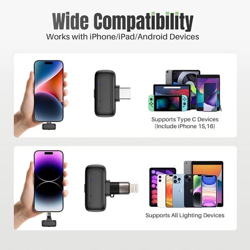 ميكروفون Lavalier لاسلكي صغير لأجهزة iPhone/Android/PC مع قابس USB-C، وتقليل الضوضاء بثلاثة مستويات، وعمر بطارية يصل إلى 30 ساعة مع علبة شحن، وميكروفون مغير الصوت بتقنية الذكاء الاصطناعي، وميكروفونات صغيرة لمدونات الفيديو والبودكاست in Kuwait