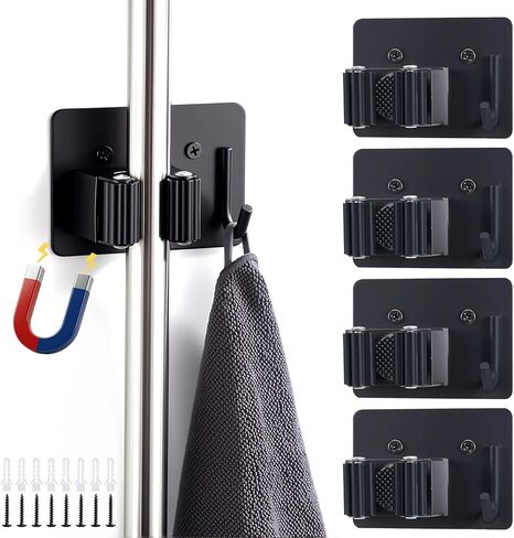 4pcs Magnetic Broom Holder Wall Mount, 12.13lbs Heavy Duty Mop and Broom Organizer, No Drill Tool Gripper for Garage Home Office Tool Organizer, RV & Living Room Essential (Black) in Saudi Arabia