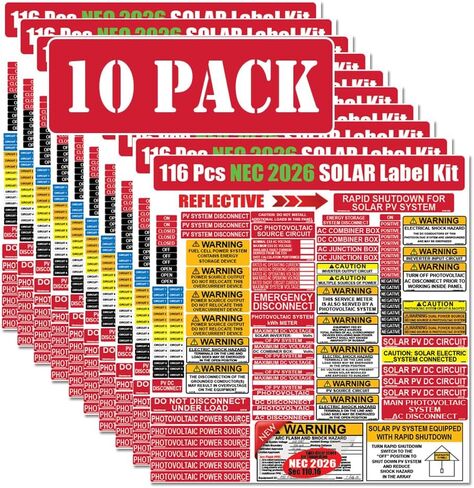 Ultimate 115 Pack 2017/2020/2023 NEC Code Compliant، مجموعة ملصقات النظام الشمسي الكهروضوئية، ملصقات أمان اللوحة الكهربائية، تصنيف خارجي، لاصق قوي مقاوم للماء in Kuwait