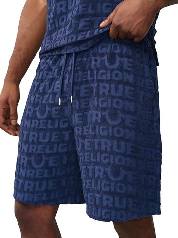 شورت رجالي من قماش تيري من True Religion - خصر برباط، جيوب مائلة، تصميم شعار منقوش in Saudi Arabia
