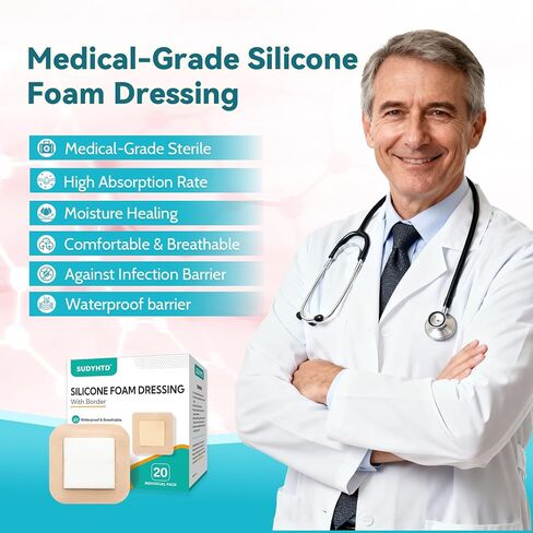 20 Pack Silicone Foam Dressing 3"x3" Gentle Border, Waterproof Silicone Bandages for Wounds Care, Super Absorbent Wound Dressing, Bed Sore Patches, Self Adhesive Pressure Sore Pads in Saudi Arabia