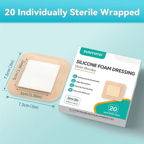 20 Pack Silicone Foam Dressing 3"x3" Gentle Border, Waterproof Silicone Bandages for Wounds Care, Super Absorbent Wound Dressing, Bed Sore Patches, Self Adhesive Pressure Sore Pads in Saudi Arabia