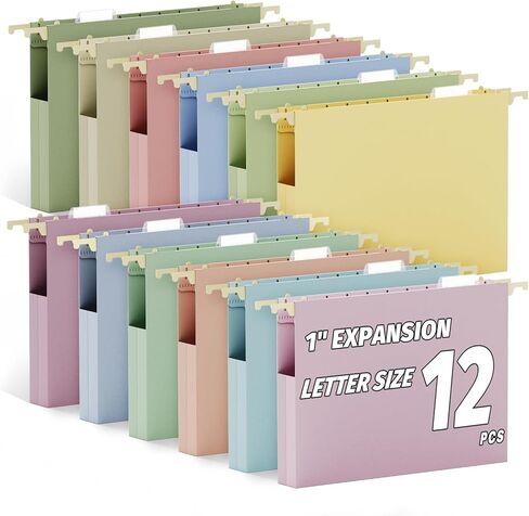 Ansook Hanging File Folders Letter Size Extra Capacity,Heavy Duty 1'' Exandable File Folders Hanging with Tabs,12 Pack Pastel Plastic Filing Cabinet Folders,Desk Hang File Organizer for Office Home in Saudi Arabia