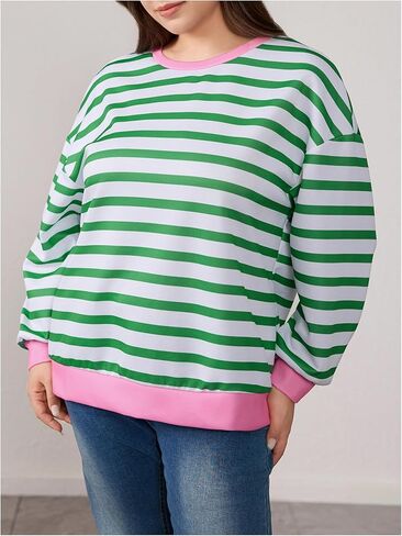 Floerns Women's Plus Size Long Sleeve Sweatshirts Striped Crew Neck Pullover Tops in Saudi Arabia