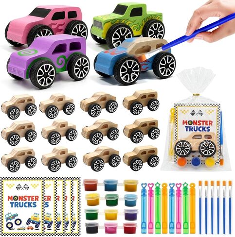 12 PCS Monster Truck Party Favors & DIY Craft Kit - Unfinished Wooden Truck Painting Set with Bubble Wands, Paints, Brushes & Cards - Birthday Party Favors for Kids, Boys & Girls, Classroom Rewards in Kuwait