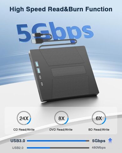 محرك أقراص CD/DVD خارجي للكمبيوتر المحمول USB 3.0 ومشغل DVD من النوع C محمول +/-RW ناسخ، ناسخ قرص القارئ والكاتب متوافق مع أجهزة الكمبيوتر المحمول Windows XP/7/8/10، Linux Mac OS in Kuwait