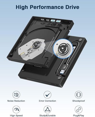 محرك أقراص CD/DVD خارجي للكمبيوتر المحمول USB 3.0 ومشغل DVD من النوع C محمول +/-RW ناسخ، ناسخ قرص القارئ والكاتب متوافق مع أجهزة الكمبيوتر المحمول Windows XP/7/8/10، Linux Mac OS in Kuwait
