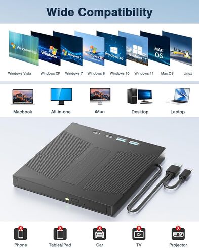 محرك أقراص CD/DVD خارجي للكمبيوتر المحمول USB 3.0 ومشغل DVD من النوع C محمول +/-RW ناسخ، ناسخ قرص القارئ والكاتب متوافق مع أجهزة الكمبيوتر المحمول Windows XP/7/8/10، Linux Mac OS in Kuwait
