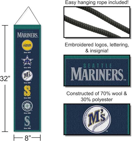 لافتة تعليق مطرزة من الصوف العمودي مقاس 8x32 بوصة من WinCraft Seattle Mariners Evolution in Saudi Arabia