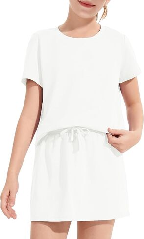 طقم تي شيرت للفتيات مكون من قطعتين بأكمام قصيرة وتنورة صيفية سريعة الجفاف وخفيفة الوزن مع عامل حماية من أشعة الشمس فوق البنفسجية 50+ حماية من الشمس 5-14 سنة in Kuwait