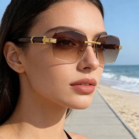 Stylish Frameless Sunglasses with Beveled Edges Natural,Polarized Sunglasses for for Driving Shopping #9050 in Saudi Arabia