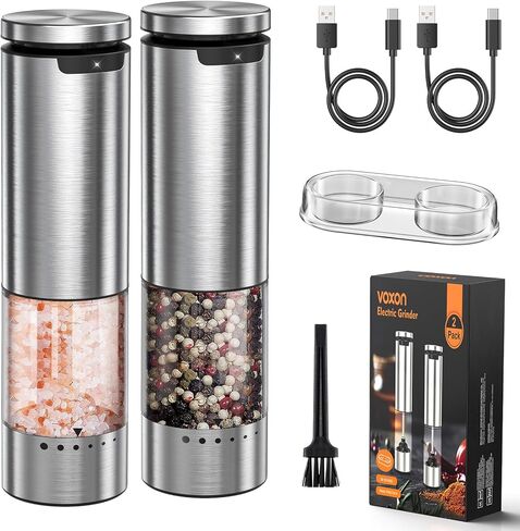 VOXON Update Electric Salt and Pepper Grinder Set Rechargeable Stainless Steel, LED Light, 100ML Capacity, 5 Levels Adjustable Coarseness, Automatic Salt and Pepper Grinder Set One Handed Operation in Kuwait