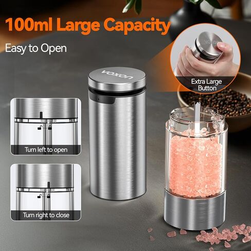 VOXON Update Electric Salt and Pepper Grinder Set Rechargeable Stainless Steel, LED Light, 100ML Capacity, 5 Levels Adjustable Coarseness, Automatic Salt and Pepper Grinder Set One Handed Operation in Kuwait