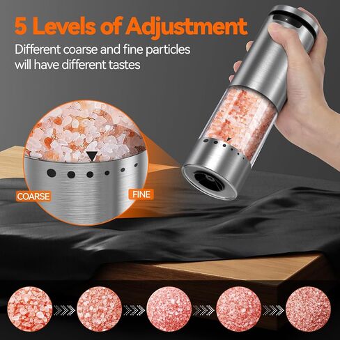 VOXON Update Electric Salt and Pepper Grinder Set Rechargeable Stainless Steel, LED Light, 100ML Capacity, 5 Levels Adjustable Coarseness, Automatic Salt and Pepper Grinder Set One Handed Operation in Kuwait