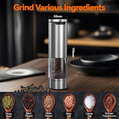 VOXON Update Electric Salt and Pepper Grinder Set Rechargeable Stainless Steel, LED Light, 100ML Capacity, 5 Levels Adjustable Coarseness, Automatic Salt and Pepper Grinder Set One Handed Operation in Kuwait