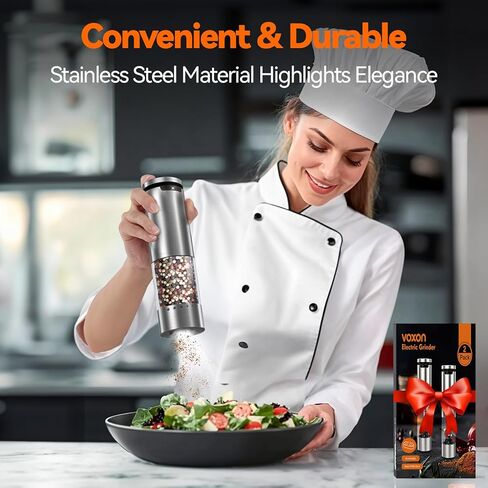 VOXON Update Electric Salt and Pepper Grinder Set Rechargeable Stainless Steel, LED Light, 100ML Capacity, 5 Levels Adjustable Coarseness, Automatic Salt and Pepper Grinder Set One Handed Operation in Kuwait