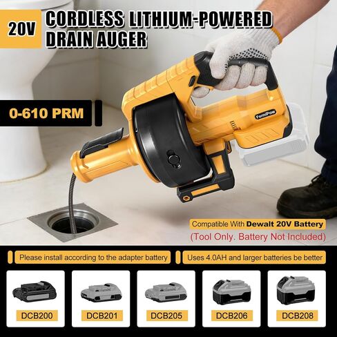 مثقاب تصريف لاسلكي متوافق مع بطارية ديوالت 20 فولت، ثعبان تصريف السباكة ذات التغذية التلقائية مع كابل قابل للاستبدال بطول 23.62 قدم، أداة تنظيف انسداد الصرف للحوض والمرحاض وحوض الاستحمام in Kuwait