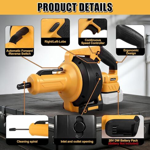 مثقاب تصريف لاسلكي متوافق مع بطارية ديوالت 20 فولت، ثعبان تصريف السباكة ذات التغذية التلقائية مع كابل قابل للاستبدال بطول 23.62 قدم، أداة تنظيف انسداد الصرف للحوض والمرحاض وحوض الاستحمام in Kuwait