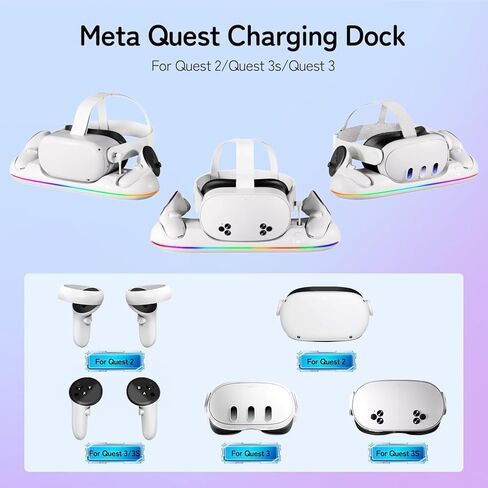 قاعدة شحن GearSpire لأجهزة Quest 2/3/3S، حامل LED RGB أبيض مع شحن سريع USB-C، شاحن وحدة التحكم، ملحقات سماعات الواقع الافتراضي in Saudi Arabia