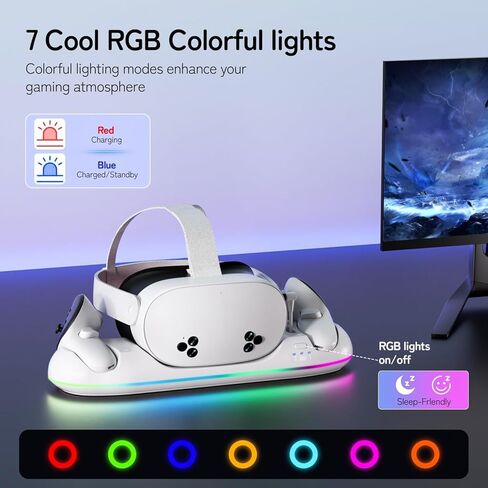 قاعدة شحن GearSpire لأجهزة Quest 2/3/3S، حامل LED RGB أبيض مع شحن سريع USB-C، شاحن وحدة التحكم، ملحقات سماعات الواقع الافتراضي in Saudi Arabia
