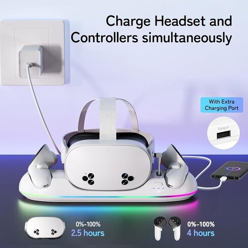 قاعدة شحن GearSpire لأجهزة Quest 2/3/3S، حامل LED RGB أبيض مع شحن سريع USB-C، شاحن وحدة التحكم، ملحقات سماعات الواقع الافتراضي in Saudi Arabia