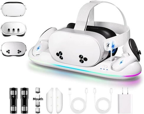 قاعدة شحن GearSpire لأجهزة Quest 2/3/3S، حامل LED RGB أبيض مع شحن سريع USB-C، شاحن وحدة التحكم، ملحقات سماعات الواقع الافتراضي in Saudi Arabia
