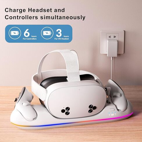 قاعدة شحن GearSpire لأجهزة Quest 2/3/3S، حامل LED RGB أبيض مع شحن سريع USB-C، شاحن وحدة التحكم، ملحقات سماعات الواقع الافتراضي in Saudi Arabia