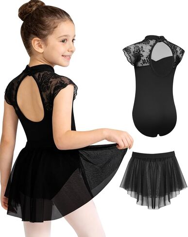 2Pcs Girls Lace Ballet Leotard Mock Neck Dance Skirted Outfits, Big Hollow Back, Removable Skirt Combo in Saudi Arabia