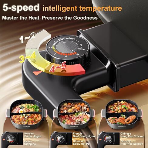 Stariver 6L Electric Hot Pot with Divider, 1300W, Dual-Flavor Pot for Two Broths, 5-Temp Control & Non-Stick Coating, Electric Pot for Shabu Shabu, Fondue, Perfect for Family Gatherings & Parties in Saudi Arabia