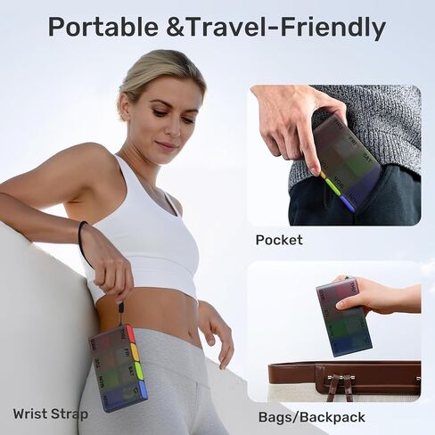 Weekly Pill Organizer 1 Time a Day – Travel Pill Case 7 Day, Small Pill Box 8 Compartments Push Open, with Color Slots, Medicine Organizer for Fish Oil, Vitamins, with Wrist Lanyard, BPA Free, Black in Saudi Arabia