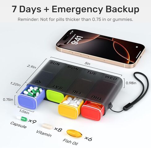 Weekly Pill Organizer 1 Time a Day – Travel Pill Case 7 Day, Small Pill Box 8 Compartments Push Open, with Color Slots, Medicine Organizer for Fish Oil, Vitamins, with Wrist Lanyard, BPA Free, Black in Saudi Arabia
