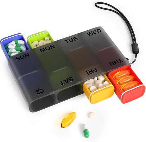 Weekly Pill Organizer 1 Time a Day – Travel Pill Case 7 Day, Small Pill Box 8 Compartments Push Open, with Color Slots, Medicine Organizer for Fish Oil, Vitamins, with Wrist Lanyard, BPA Free, Black in Saudi Arabia