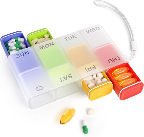 Weekly Pill Organizer 1 Time a Day – Travel Pill Case 7 Day, Small Pill Box 8 Compartments Push Open, with Color Slots, Medicine Organizer for Fish Oil, Vitamins, with Wrist Lanyard, BPA Free, Black in Saudi Arabia