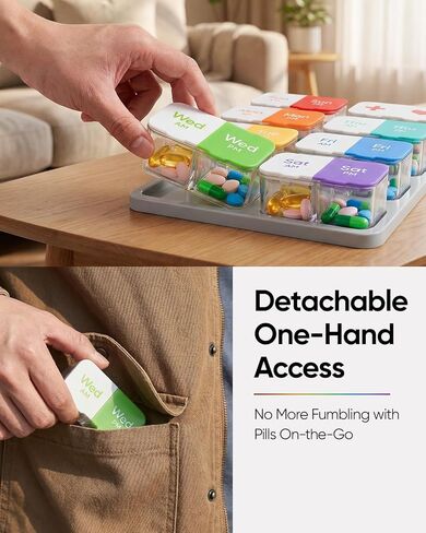 Extra Large Pill Organizer with Desiccant Pads, Moisture-Resistant & Detachable Weekly Pill Box 2 Times a Day, Wide Opening for Vitamins and Daily Pills, Easy for Seniors, Home & Travel Use in Kuwait