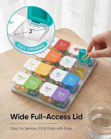 Extra Large Pill Organizer with Desiccant Pads, Moisture-Resistant & Detachable Weekly Pill Box 2 Times a Day, Wide Opening for Vitamins and Daily Pills, Easy for Seniors, Home & Travel Use in Kuwait