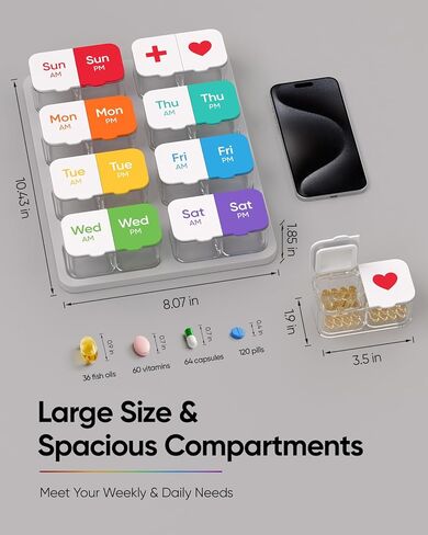 Extra Large Pill Organizer with Desiccant Pads, Moisture-Resistant & Detachable Weekly Pill Box 2 Times a Day, Wide Opening for Vitamins and Daily Pills, Easy for Seniors, Home & Travel Use in Kuwait