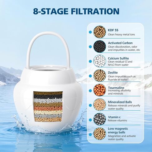 فلتر حمام لحوض الاستحمام، فلتر مياه حوض الاستحمام ذو 8 مراحل، فلتر كيندر لحوض الاستحمام، فلتر حمام توبو، منعم الماء العسر، تنظيف 99% من الملوثات in Kuwait
