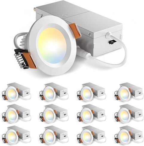 Amico 12 حزمة 2 بوصة 5CCT رفيعة للغاية LED بدون علبة ضوء سقف مجوف مع صندوق توصيل، 2700K/3000K/3500K/4000K/5000K قابلة للاختيار، CRI90+، 6W=40W، 350LM، إضاءة سفلية من رقاقة بدون كانل قابلة للتعتيم-ETL&FCC in Saudi Arabia
