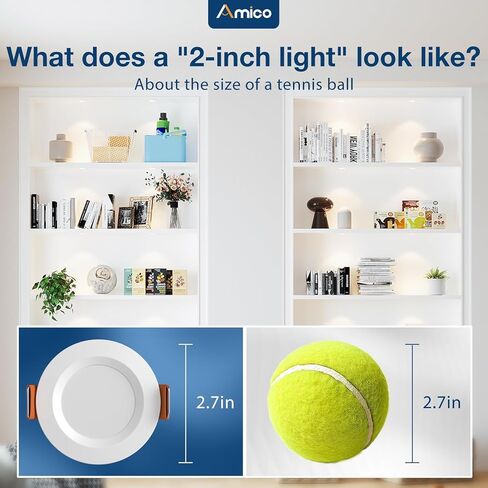 Amico 12 حزمة 2 بوصة 5CCT رفيعة للغاية LED بدون علبة ضوء سقف مجوف مع صندوق توصيل، 2700K/3000K/3500K/4000K/5000K قابلة للاختيار، CRI90+، 6W=40W، 350LM، إضاءة سفلية من رقاقة بدون كانل قابلة للتعتيم-ETL&FCC in Saudi Arabia