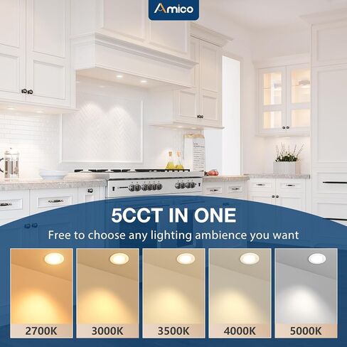 Amico 12 حزمة 2 بوصة 5CCT رفيعة للغاية LED بدون علبة ضوء سقف مجوف مع صندوق توصيل، 2700K/3000K/3500K/4000K/5000K قابلة للاختيار، CRI90+، 6W=40W، 350LM، إضاءة سفلية من رقاقة بدون كانل قابلة للتعتيم-ETL&FCC in Saudi Arabia